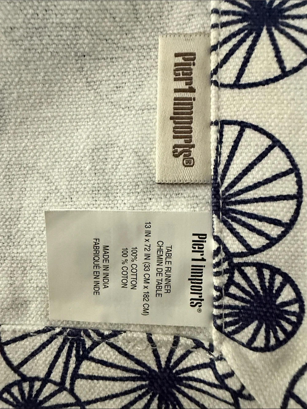 Navy and White Patterned Table Runners- 13.5”x74”ea. Fun for patio, dining table